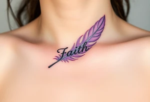 A lavender and silver feather with a subtle shimmer, carrying the word "Faith" tattoo idea