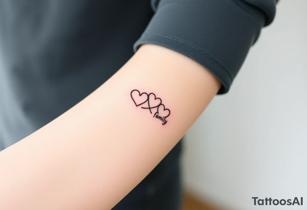 A minimalist infinity symbol with three hearts above including word "family" tattoo idea