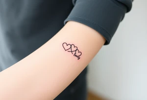 A minimalist infinity symbol with three hearts above including word "family" tattoo idea