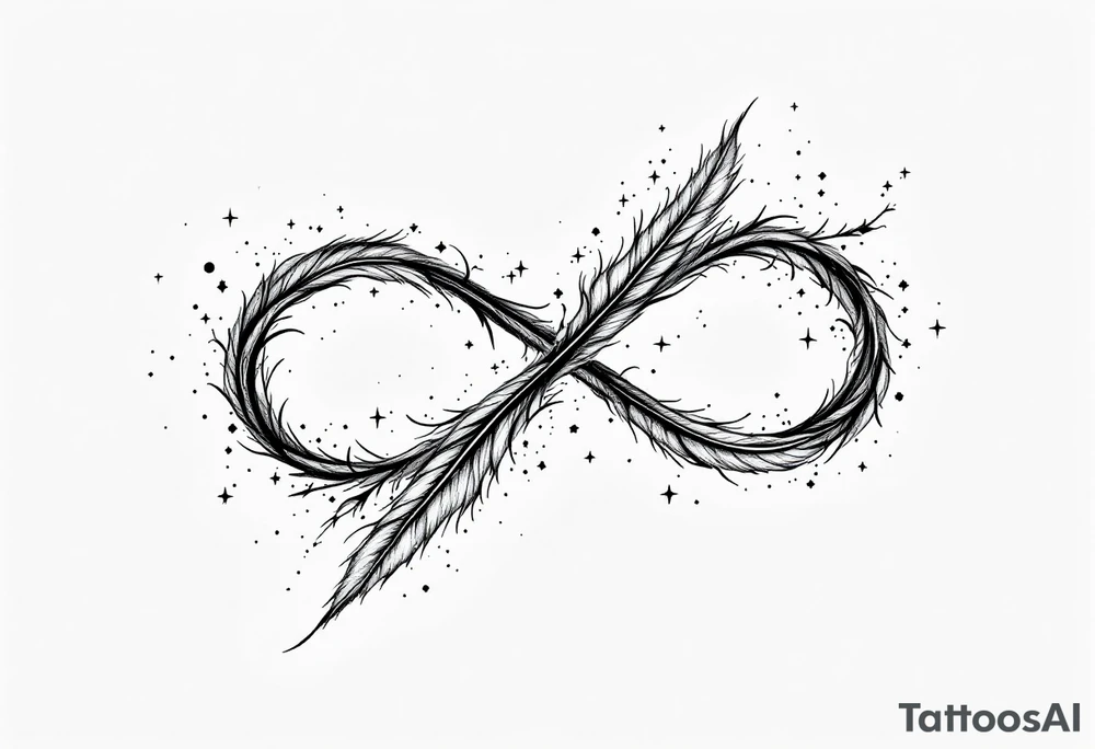 infinity symbol woven with floating feathers and stardust tattoo idea