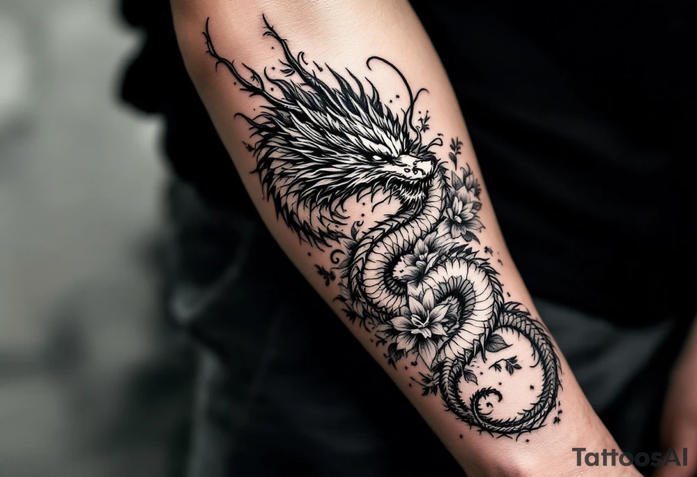 dragon with flowers tattoo idea