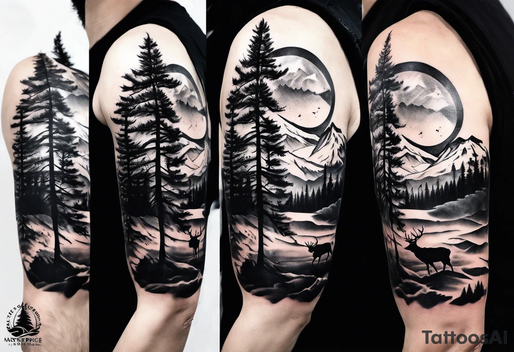 sleeve pine tree moutain elk tattoo idea