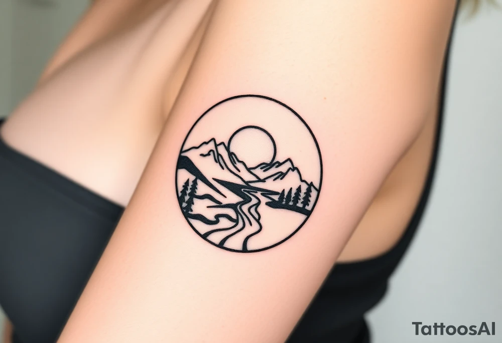 mountains. river and sunrise, let it all be inside one circle. draw a line and divide the circle into two parts, let one part be like day and the other part like night tattoo idea
