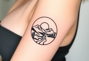 mountains. river and sunrise, let it all be inside one circle. draw a line and divide the circle into two parts, let one part be like day and the other part like night tattoo idea