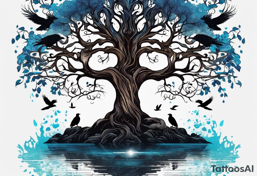 Tree of life with water, ravens, tattoo idea