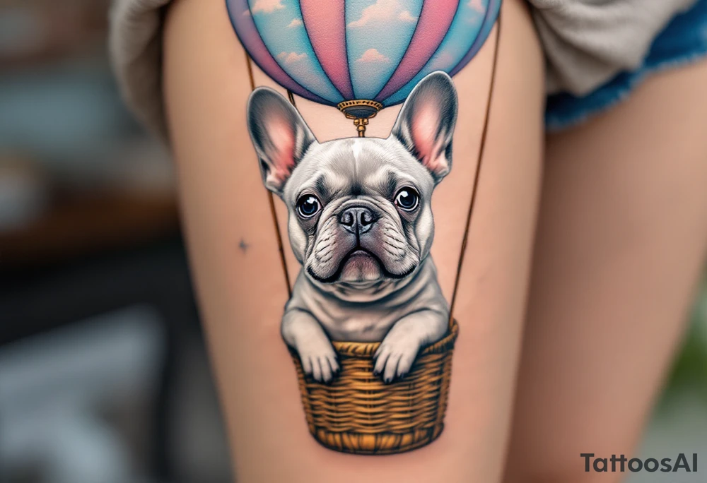 French Bulldog in a hot air balloon, head sticking out of a basket, fur in light ash gray with the balloon in pastel sky colors. tattoo idea