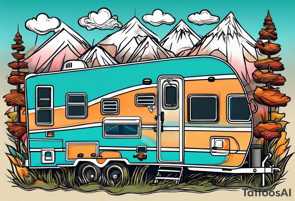 A wind chime with mountains, a mower, a travel trailer all hooked to the wind chime tattoo idea