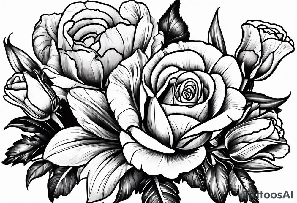 Rose, tulip, lilly, carnation, corn flower, iris tattoo idea