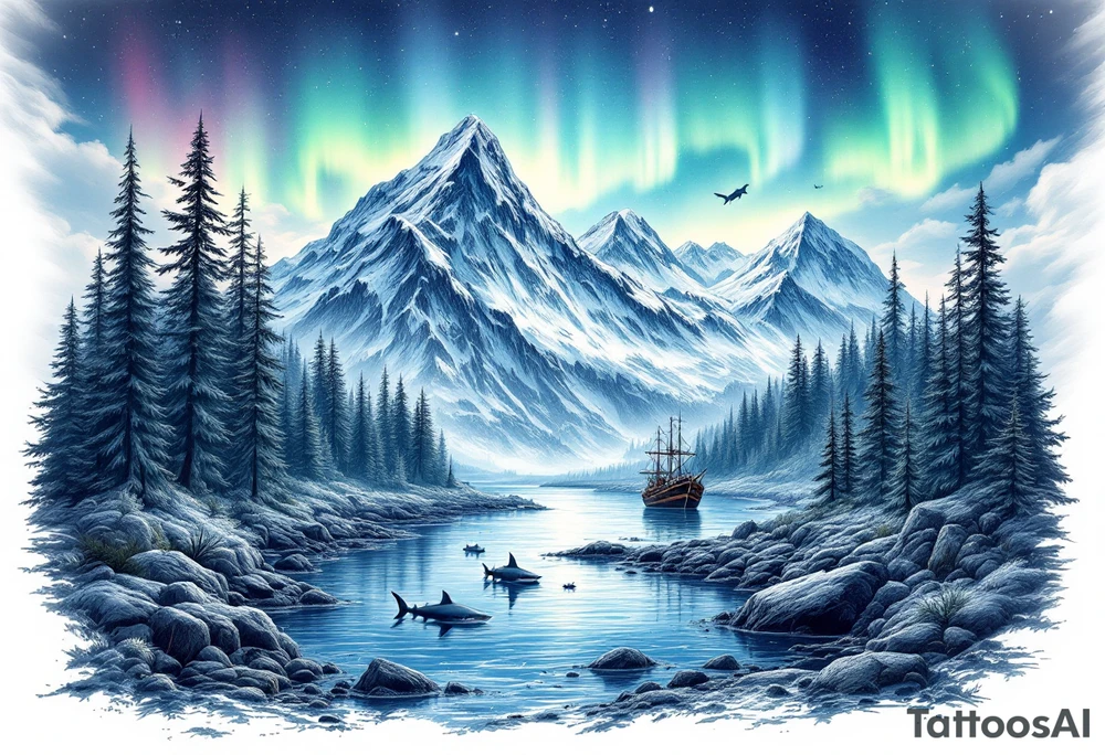 forest mountains under the northen lights with sharks and shipwrecks. Contain everything in the shape of Africa tattoo idea