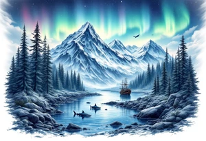 forest mountains under the northen lights with sharks and shipwrecks. Contain everything in the shape of Africa tattoo idea