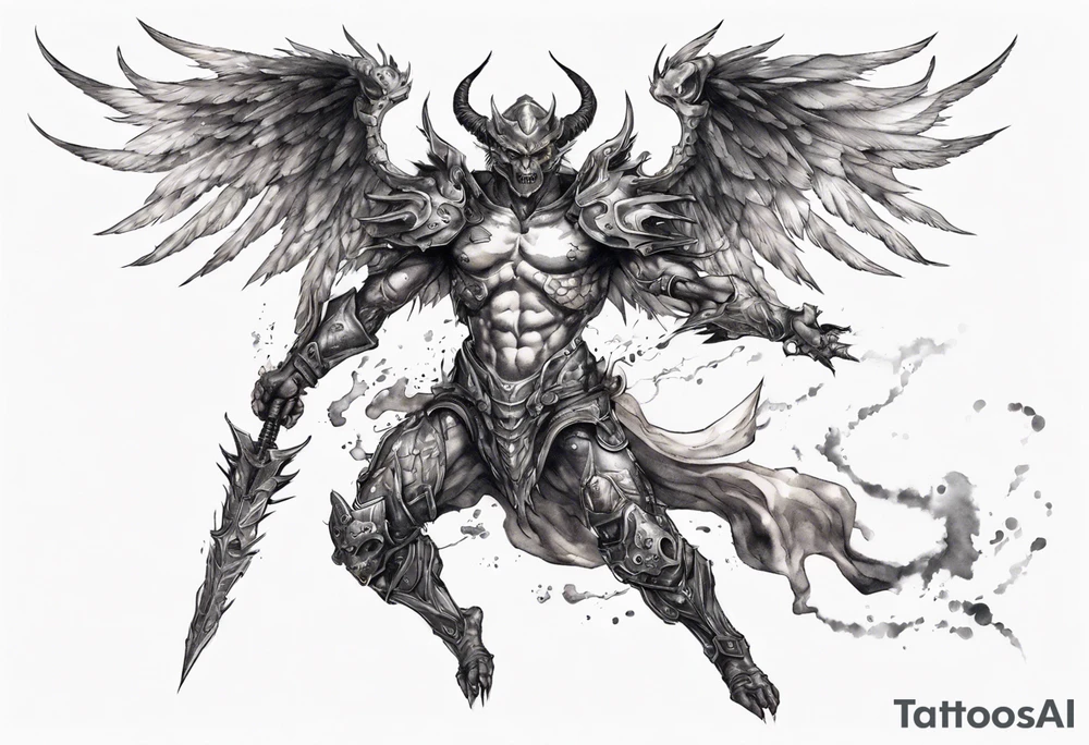 Side view of a demon angel wearing inorganic armor that is in mid-air with his weapon behind about to attack. tattoo idea