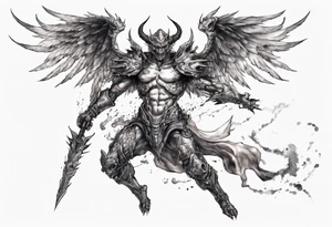 Side view of a demon angel wearing inorganic armor that is in mid-air with his weapon behind about to attack. tattoo idea