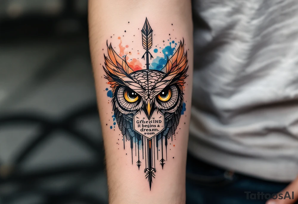 Tattoo inspired in the gifted brain in geometric and straight lines, with few watercolor details but mostly black, symbols representing intelligence, creativity and dreaming flying arround, the phrase "It begins with a dream", vertical owl wings behind and delicate and discrete owl eyes looking forwar, and an arrow crossing from above with watercolors leaking from it tattoo idea