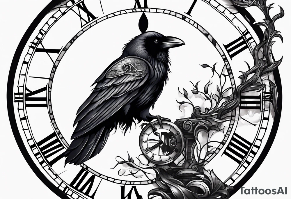 raven perched on clock tattoo idea