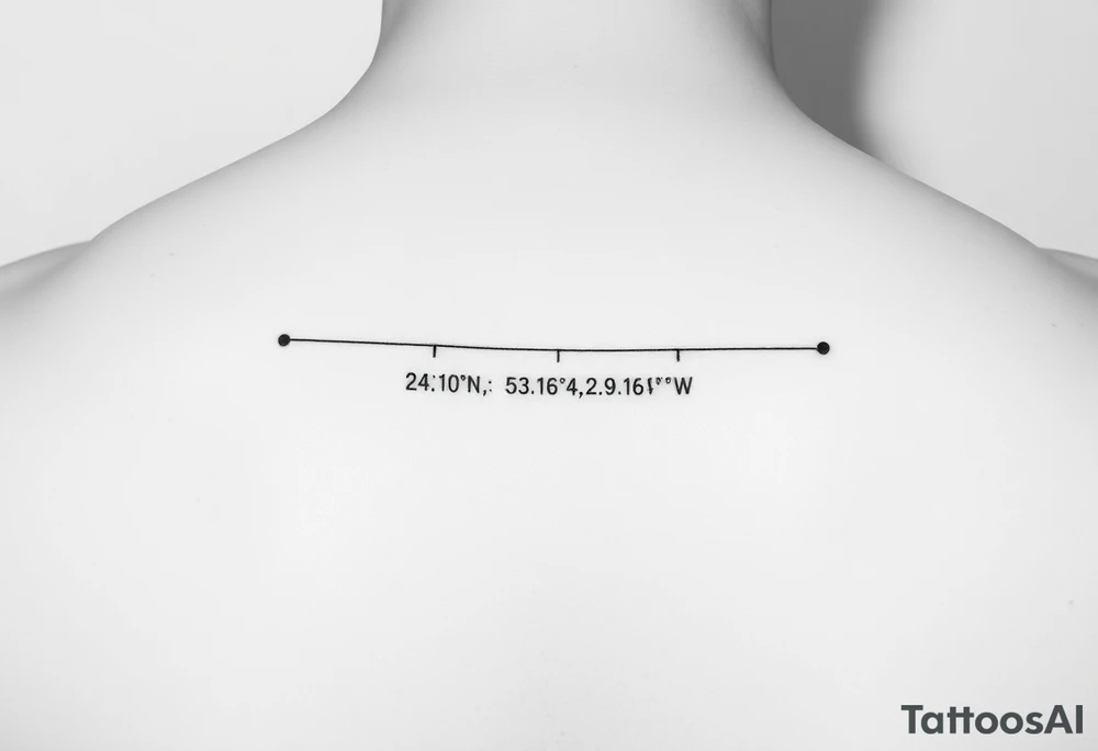 A minimal fine-line tattoo showing a straight, thin horizontal timeline with two small evenly spaced dots. Below the first dot, write the coordinates: "24°10′N, 20°16′E". Below the second dot, write: "53.4084°N, 2.9916°W". Above each coordinate, place a small circle or marker dot to signify key points. Beneath the entire timeline, add a single row arranged like this: — ● — ●   ● —   ● — ●   — — —   ● — ● ●   ● ●   — ● ●   ● — tattoo idea