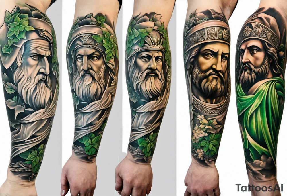 a tattoo full sleeve of stoic heroes in statue form including plato, socrates, alexander the great, julius ceasar, aristotle, pythagorus and william marshal. small amounts of Green english vine plant running through the whole tattoo. all fit on one arm. tattoo idea