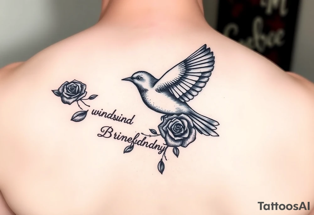 Soaring robin with trail of red rose petals with writing saying wind beneath my wings tattoo idea