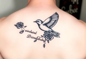 Soaring robin with trail of red rose petals with writing saying wind beneath my wings tattoo idea