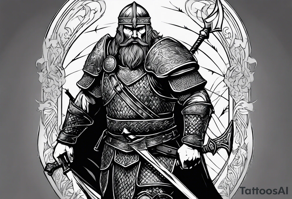 A viking in armor except the helmet on the brink of death pierced with arrows propping himself up with his sword on a seemingly bleak battlefield while still looking up with hope tattoo idea