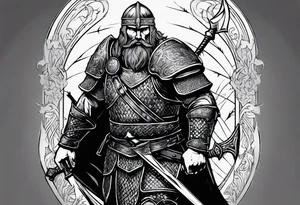 A viking in armor except the helmet on the brink of death pierced with arrows propping himself up with his sword on a seemingly bleak battlefield while still looking up with hope tattoo idea