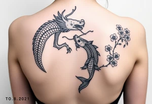 Dragon, coi fish, cherry blossom tree, ying yang tattoo idea