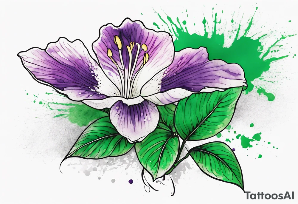 An outline of a rio dipladenia flower with a green/purple watercolor splash in the background tattoo idea