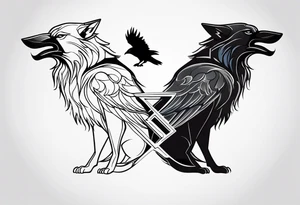 a wolf and a raven back to back facing opposite direction tattoo idea