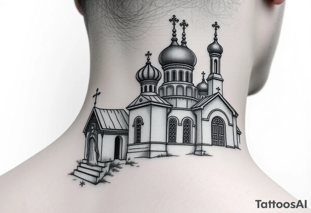 medium sized Russian orthodox church with bulb domes with a prominent russian orthodox style virgin mary stood outside to the left tattoo idea