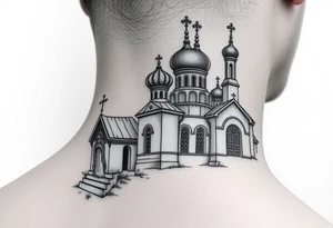 medium sized Russian orthodox church with bulb domes with a prominent russian orthodox style virgin mary stood outside to the left tattoo idea