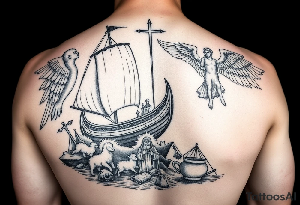 blend a viking sail boat, with the parabel of the fishermen in the sea with gods reaching down to save them, include jesus holding a lamb, include a valley of death and st michael the arch angel for a sleeve right arm man tattoo idea