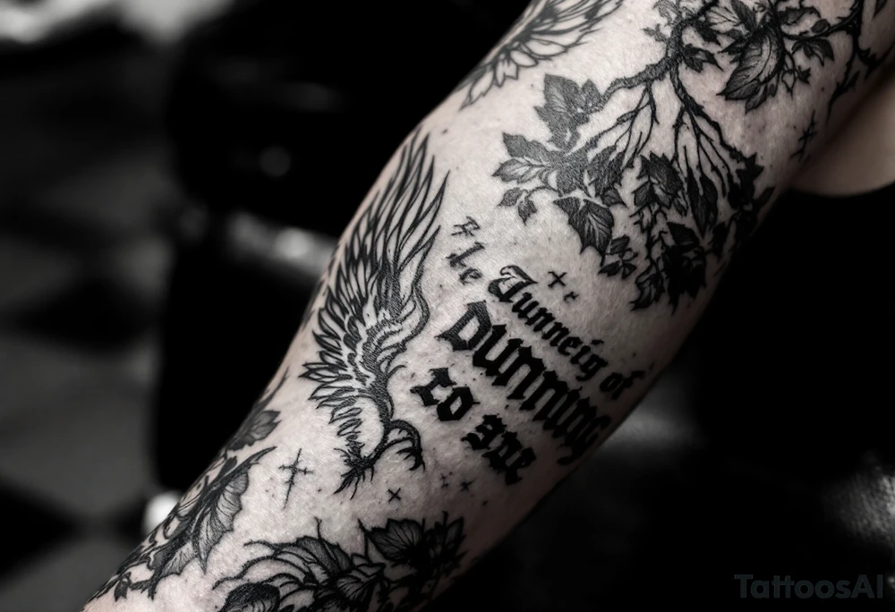 Dunning, left forearm details include angel wing, greek type of font,jungle leaves , tiger claw scratch tattoo idea