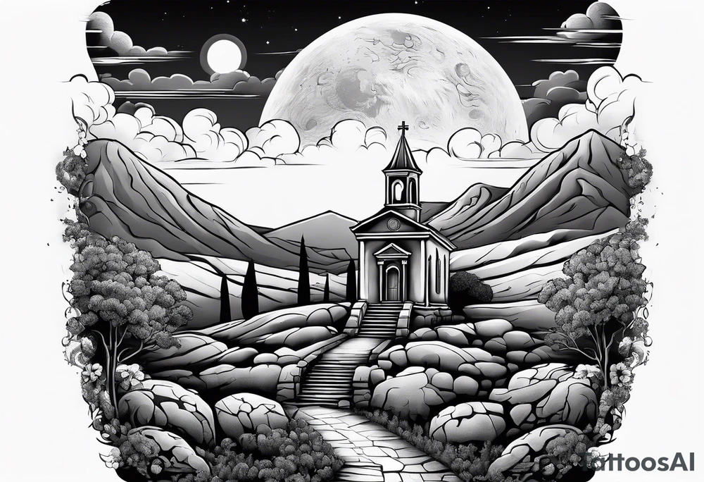 Graveyard with moon and greek church on hills with clouds tattoo idea