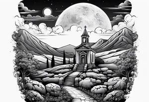 Graveyard with moon and greek church on hills with clouds tattoo idea
