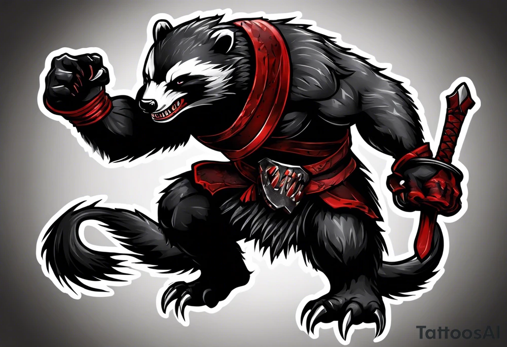 Draw me psychopath Honey Badger/Berserker with aggressive full body, killer face with a scary smile, very long nails and he attacks like a Bloody Assassin/Warrior/Gladiator to us and also, he has very deadly looking. He fights with his nails. Everybody scares after their first sight. Give me horror type Badger Tattoo. I want to see his Realistic full body. tattoo idea