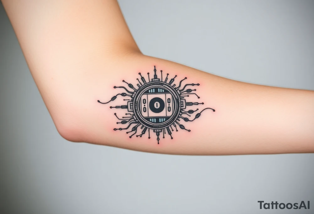 Bio-Mechanical internal computer, binary code, symbolism for 6 kids, 5 boys and youngest is a girl tattoo idea