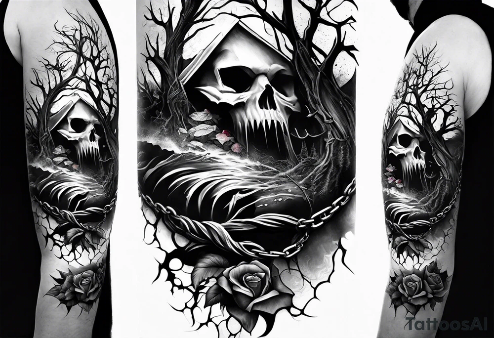 tattoo fool sleeve, dark gothic castle, tree roots break out of the chains, broken mask, roses tattoo idea