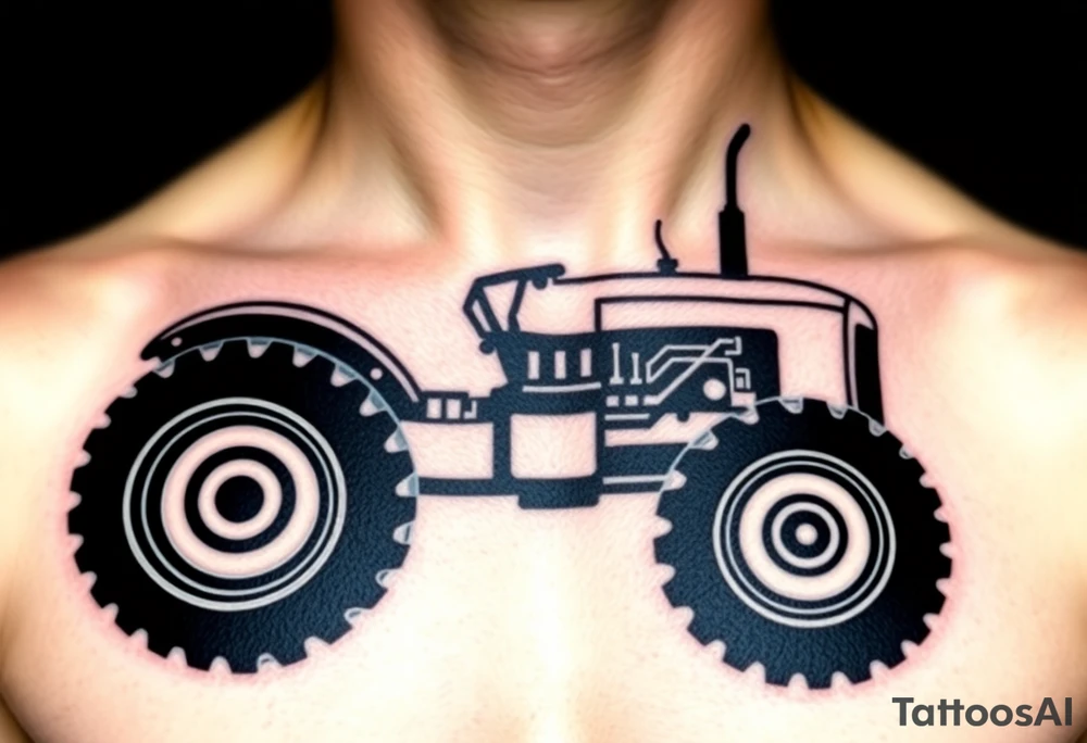 A black and chrome tractor silhouette, with bold shading and a strong, industrial aesthetic. tattoo idea