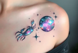 nebula-inspired Cancer constellation shines in metallic teal and lilac beside a glowing zodiac sign tattoo idea