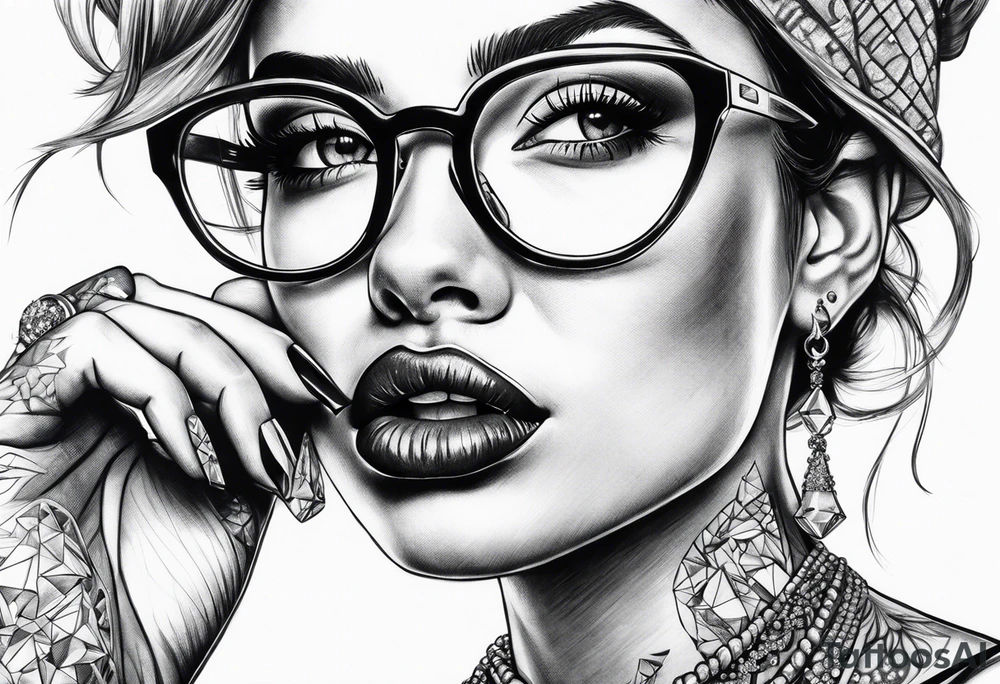 Woman with glasses biting diamonds tattoo idea