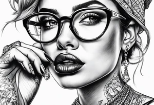 Woman with glasses biting diamonds tattoo idea