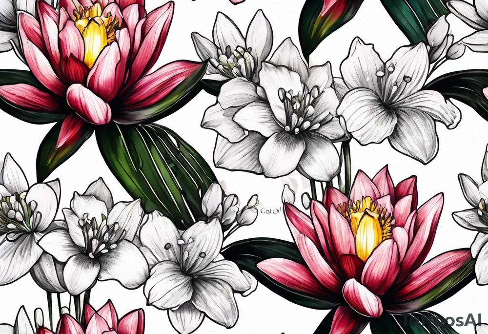Water Lily, Lily of the Valley, Narcissus, and Gladiolus flower bouquet tattoo idea