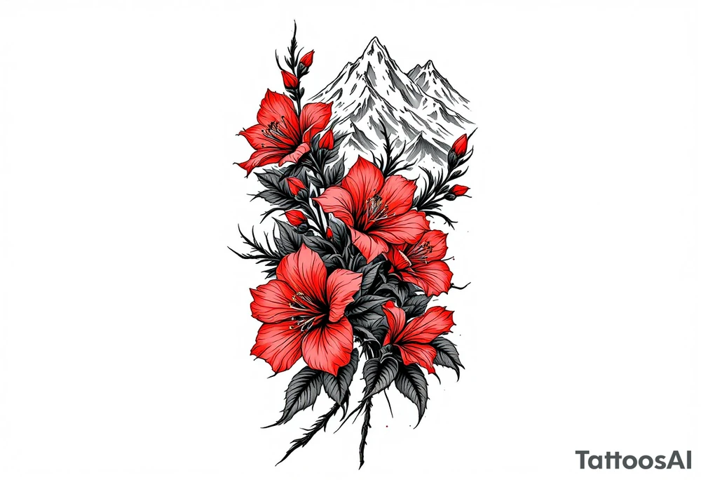vertical wrist size red  and black rhododendron trippy with Himalayas behind tattoo idea