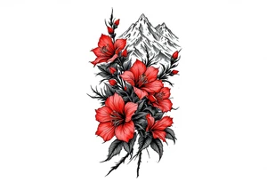 vertical wrist size red  and black rhododendron trippy with Himalayas behind tattoo idea