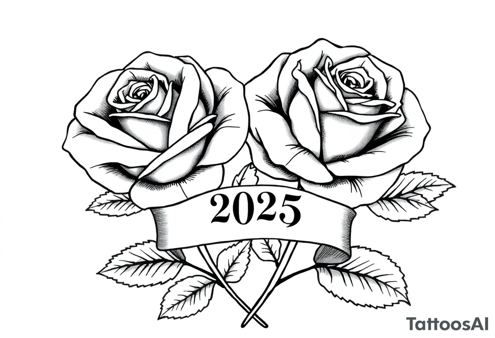 two beautiful large rose buds, one larger than the other, with lots and lots of leaves next to the rose buds, with one sitting slightly higher than the other, side-by-side.  Include a banner connecting the two roses with the year 2025 on it.   Use dark outlines with little shading. No stems tattoo idea