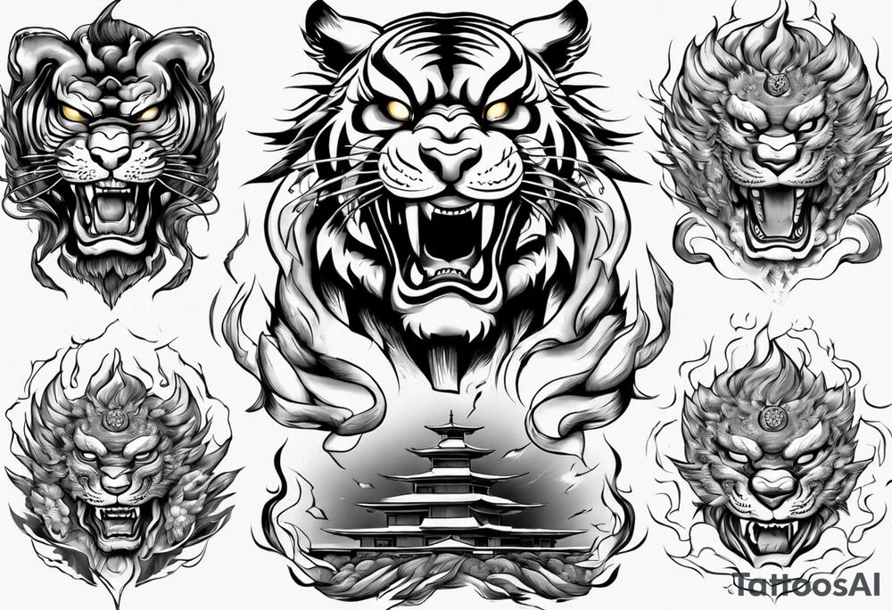 tiger warrior with lightning and the sun for a forearm sleeve tattoo idea