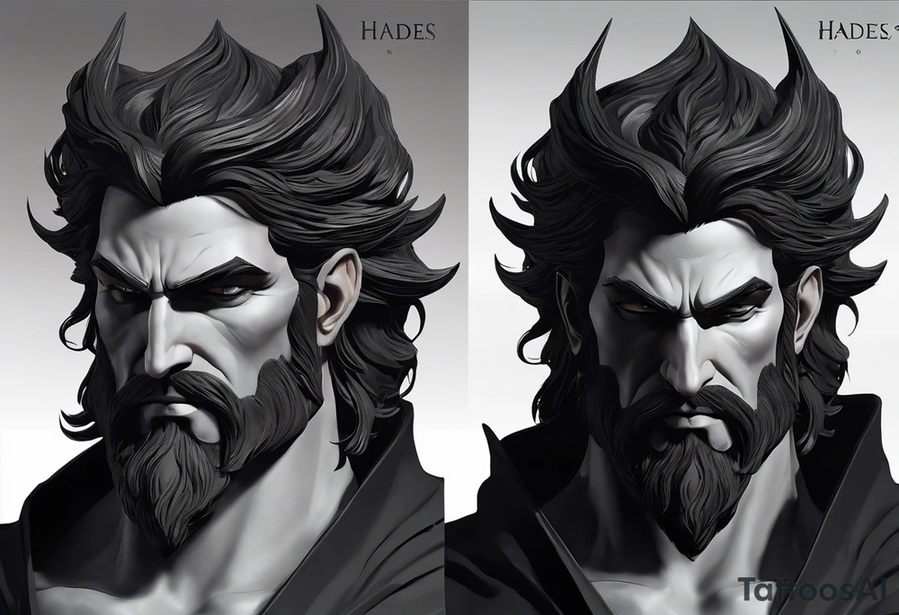 Hadès is depicted with a commanding presence, his features carefully detailed to reflect his dark and enigmatic nature. His face is stern, with deep-set eyes that exude an aura of authority and mystery. His dark, shoulder-length hair and beard are rendered with meticulous shading, adding texture and depth.

He wears a regal but somber cloak, which is intricately detailed with realistic folds and shadows, emphasizing his status as the ruler of the underworld. In one hand, he holds a bident, a two-pronged staff symbolizing his power over the dead. The bident is rendered with fine detail, including ornate designs along its handle.

The background is kept minimalistic to ensure the focus remains on Hadès himself. The tattoo highlights realistic textures and shadows, bringing out the god’s formidable and brooding presence. The overall effect captures the essence of Hadès as a powerful and revered deity of the Greek pantheon. tattoo idea