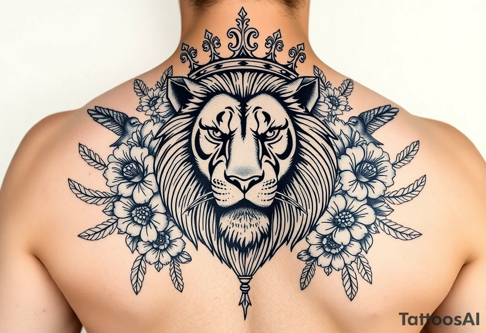 powerful majestic lion with a crown, surrounded by floral ornaments and birds tattoo idea