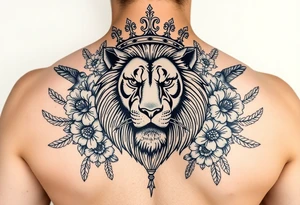 powerful majestic lion with a crown, surrounded by floral ornaments and birds tattoo idea