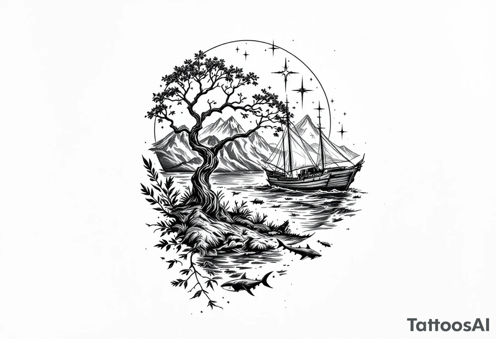 tattoo that has an acacia tree with mountains, ocean with a ship wreck with sharks and the northern star tattoo idea