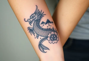 A mythical dragon with a Koi fish and Oma with flowers around it Japanese style on forearm tattoo idea